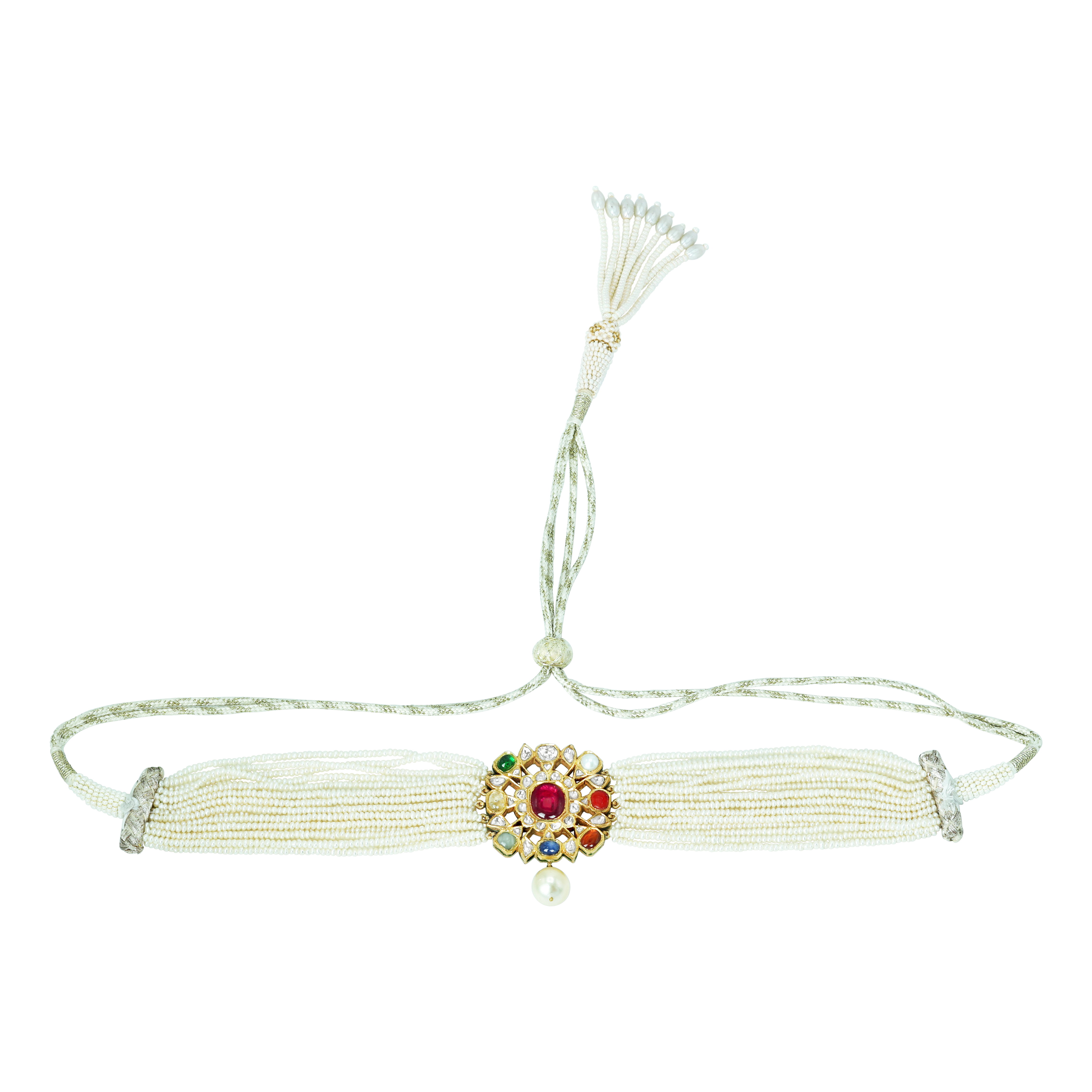 Multi-Strand Pearl Choker Set with Navaratna Motif and Drops